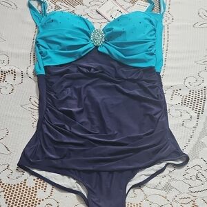 NWT Turquoise and Navy Swimsuit with Jewel Detail